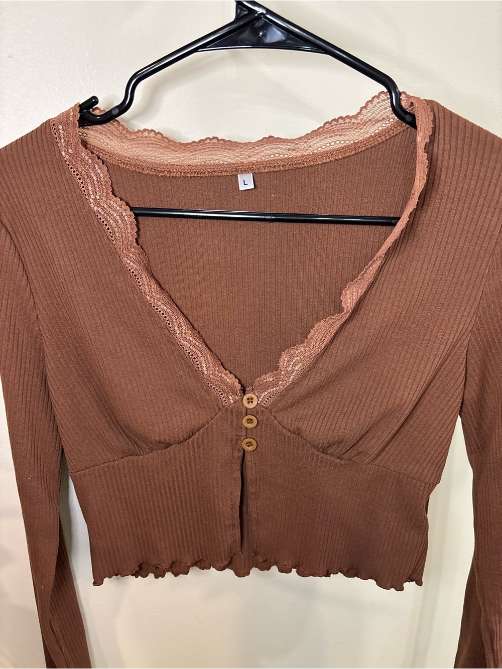 Brown Ribbed Lace-Trim Button Crop Top